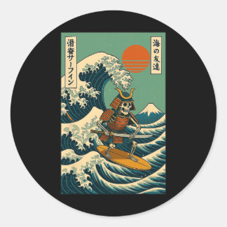 Skeleton Samurai die op een Japanse golf surft Ronde Sticker