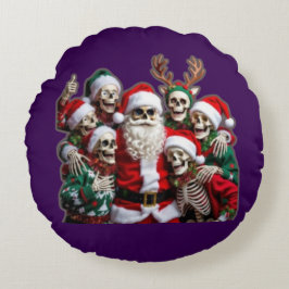 Skeleton Santa Christmas Group Photo – Festive 3D  Rond Kussen