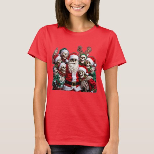 Skeleton Santa Christmas Group Photo – Festive 3D T-shirt (Voorkant)