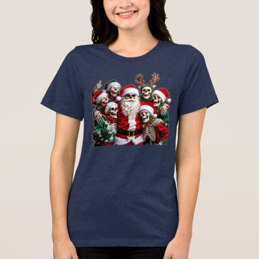 Skeleton Santa Christmas Group Photo – Festive 3D Tri-Blend Shirt (Voorkant)