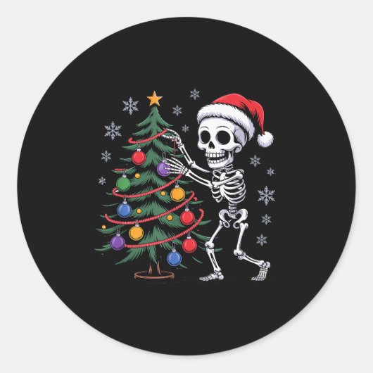 Skeleton Santa Hat Christmas Tree Creepy Cute Xmas Ronde Sticker (Voorkant)