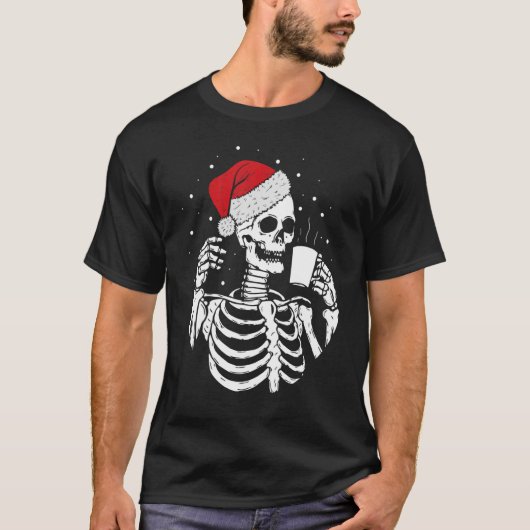Skeleton Santa Hat Drinking Coffee Christmas T-shirt (Voorkant)
