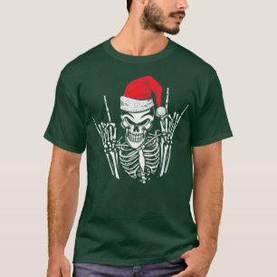 Skeleton Santa Hat Rock en Roll Hand Cool Christm T-shirt