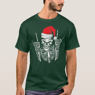 Skeleton Santa Hat Rock en Roll Hand Cool Christm T-shirt
