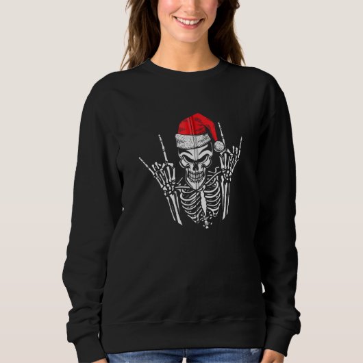 Skeleton Santa Hat Rock en Roll Hand Cool Christm Trui (Voorkant)