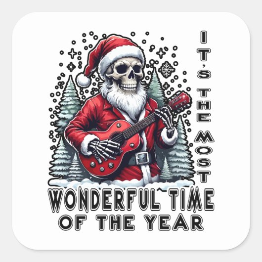 Skeleton Santa Playing Guitar Christmas Vierkante Sticker (Voorkant)