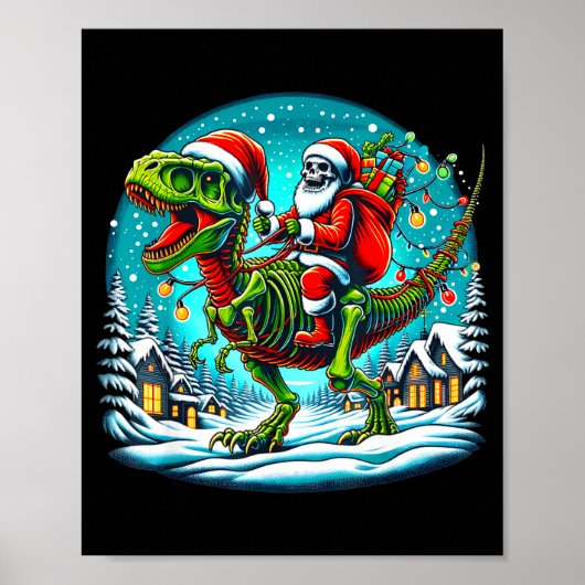 Skeleton Santa Riding T Rex Dinosaur Funny Christm Poster (Voorkant)