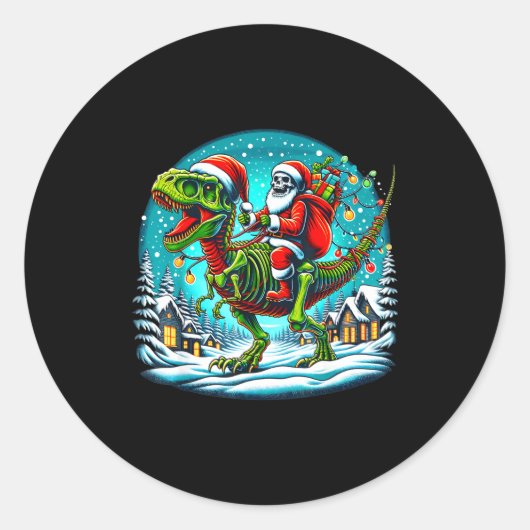 Skeleton Santa Riding T Rex Dinosaur Funny Christm Ronde Sticker (Voorkant)