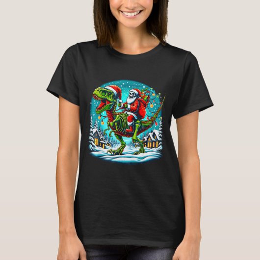 Skeleton Santa Riding T Rex Dinosaur Funny Christm T-shirt (Voorkant)