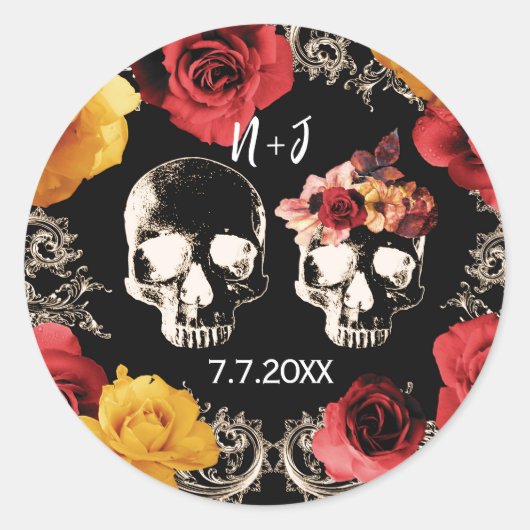 Skeleton Schedel Rood Geel Herfst Bloemstuk Bruilo Ronde Sticker (Voorkant)