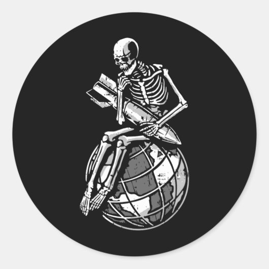 Skeleton Sitting Earth Day Milieu Ronde Sticker (Voorkant)