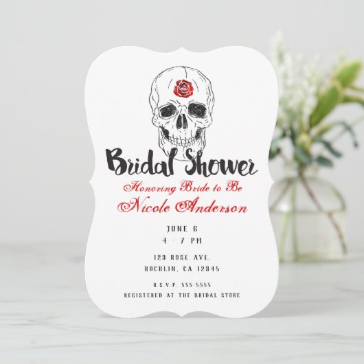 Skeleton Skull Botten Zwart Rood Rose Vrijgezellen Kaart (Staand voorkant)