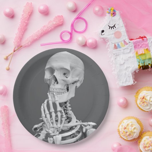 Skeleton Skull Halloween Black en White Grey Papieren Bordje (Feest)