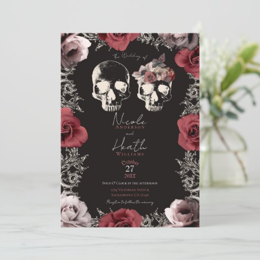 Skeleton Skull Mauve Dusty Roos Gothic Wedding Kaart (Staand voorkant)