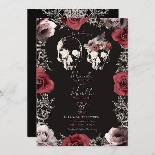 Skeleton Skull Mauve Dusty Roos Gothic Wedding Kaart (Voorkant / Achterkant)