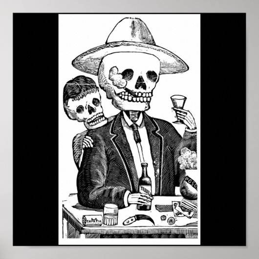 Skeleton Smoking and Drinking Tequila Poster (Voorkant)