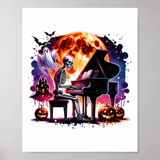 Skeleton speelt piano met spook griezelige Hallowe Poster (Voorkant)
