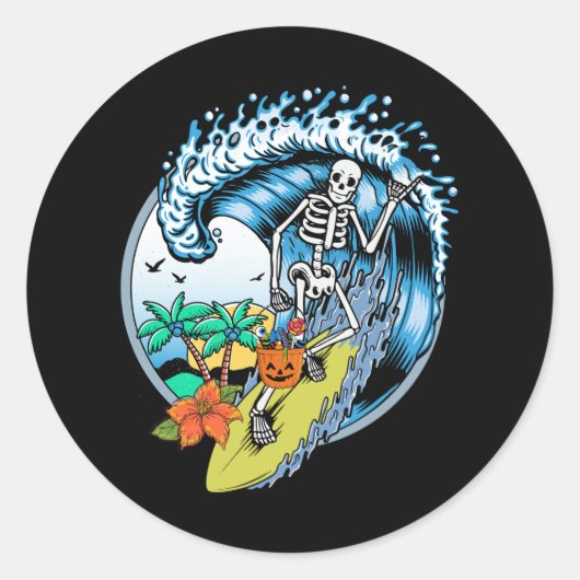 Skeleton Surfen Halloween Hawaii Hawaiian Surfer Ronde Sticker (Voorkant)