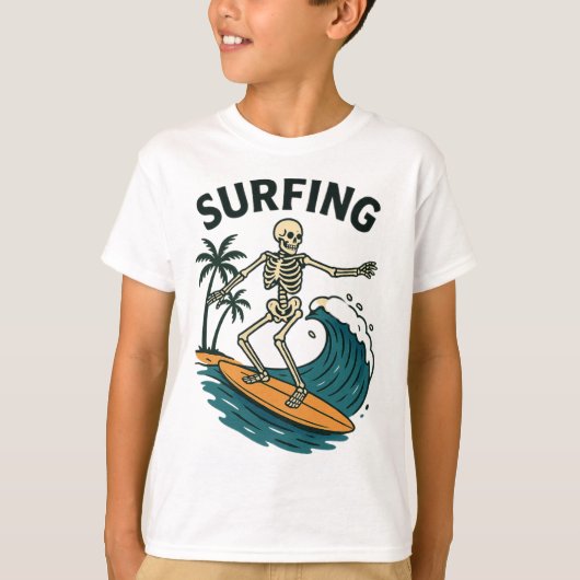 Skeleton Surfen Retro Beach Wave Design T-shirt (Voorkant)