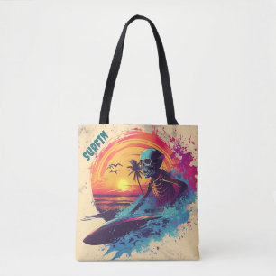 Skeleton Surfer Levendig Blauw Paarse Roze Tropisc Tote Bag