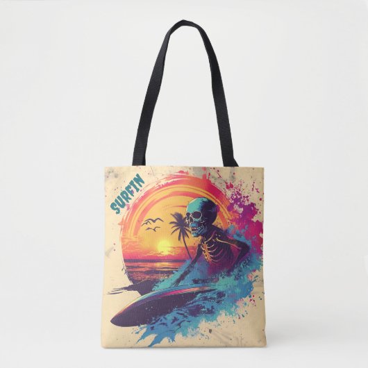 Skeleton Surfer Levendig Blauw Paarse Roze Tropisc Tote Bag (Voorkant)