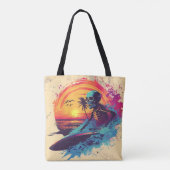 Skeleton Surfer Levendig Blauw Paarse Roze Tropisc Tote Bag (Achterkant)