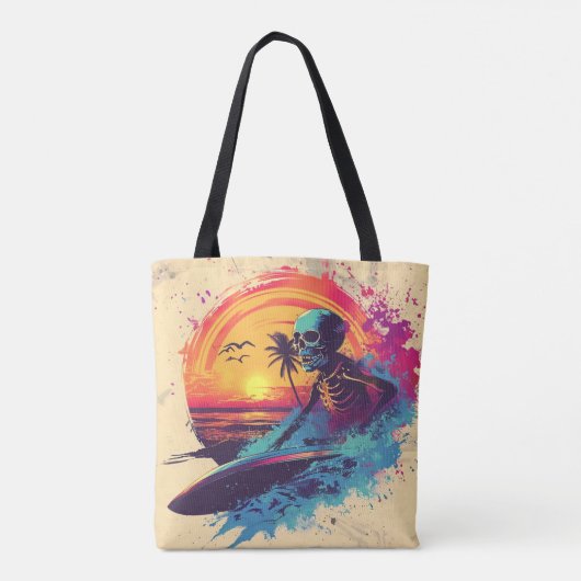 Skeleton Surfer Levendig Blauw Paarse Roze Tropisc Tote Bag (Achterkant)
