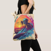 Skeleton Surfer Levendig Blauw Paarse Roze Tropisc Tote Bag (Dichtbij)