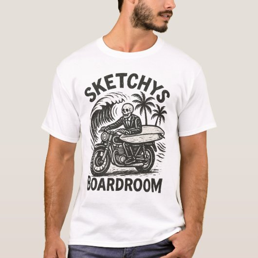 Skeleton Surfer on Motorbike – Grunge Surf Art Tee T-shirt (Voorkant)