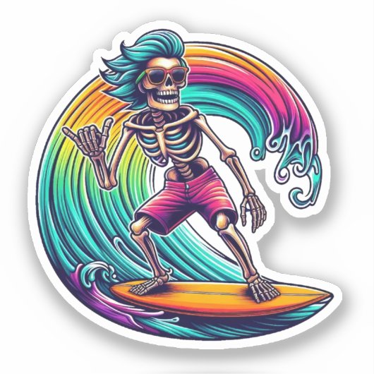 Skeleton Surfer Riding A Wave Sticker (Voorkant)