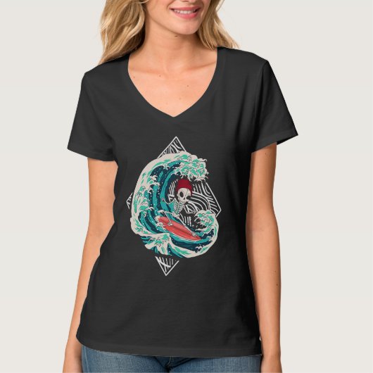 Skeleton Surfer Waves Ocean Surfboard Surfing T-shirt (Voorkant)