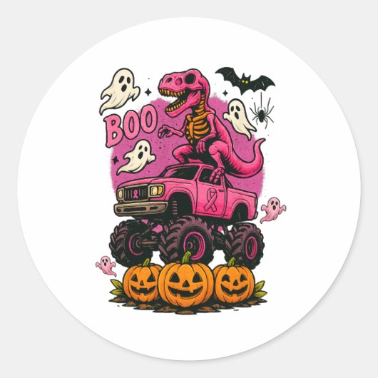 Skeleton T Rex Dinosaur Monster Truck Pompoen Brea Ronde Sticker (Voorkant)