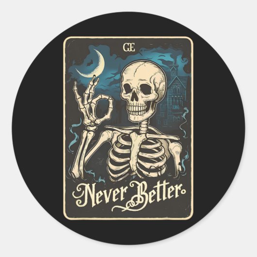 Skeleton Tarot Kaart Nooit Betere Schedel Hallowee Ronde Sticker (Voorkant)