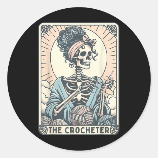 Skeleton The Crocheter Mom Tarot Card Knitter Croc Ronde Sticker (Voorkant)