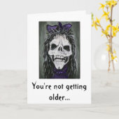 Skeleton vrouw glimlachend, Je wordt niet ouder Kaart (Gele Bloem)