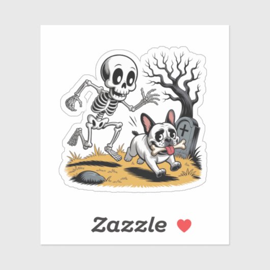 Skeleton vs Franse Bulldog – Grappige Halloween Ja Sticker (Vel)