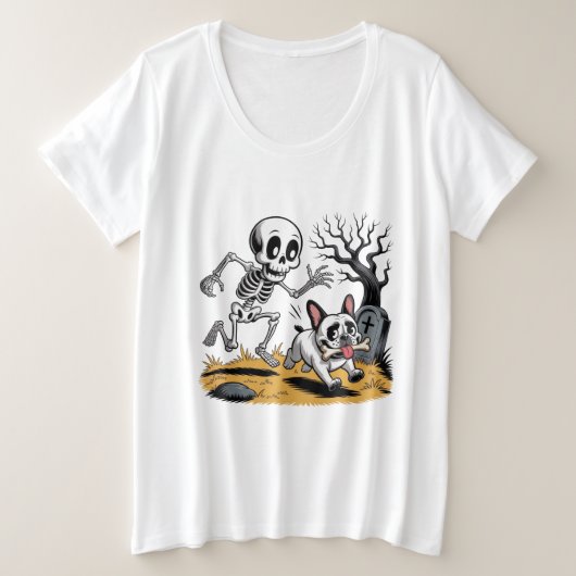 Skeleton vs French Bulldog – Funny Halloween Chase Grote Maat T-shirt (Design voorkant)