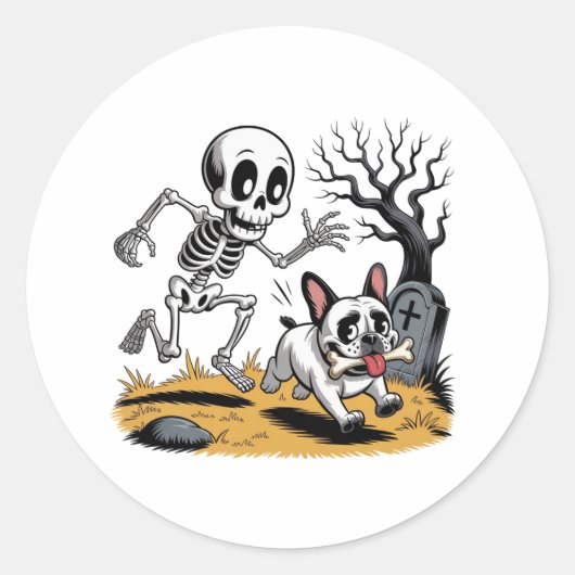 Skeleton vs French Bulldog – Funny Halloween Chase Ronde Sticker (Voorkant)