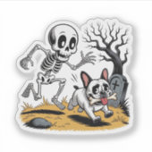 Skeleton vs French Bulldog – Funny Halloween Chase Sticker (Voorkant)