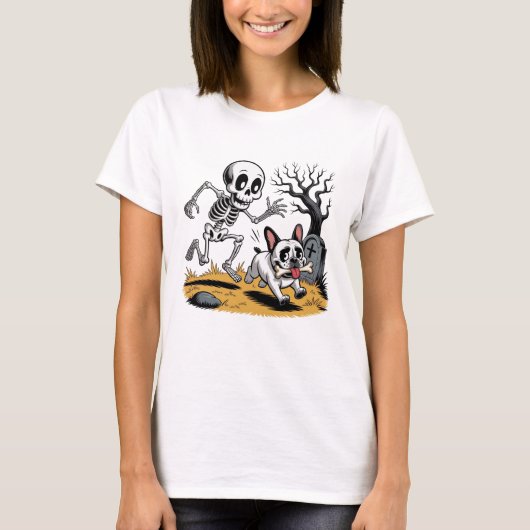 Skeleton vs French Bulldog – Funny Halloween Chase T-shirt (Voorkant)