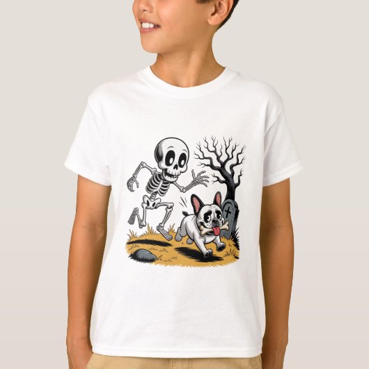 Skeleton vs French Bulldog – Funny Halloween Chase T-shirt (Voorkant)