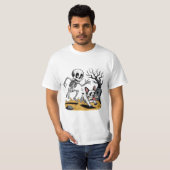 Skeleton vs French Bulldog – Funny Halloween Chase T-shirt (Voorkant volledig)