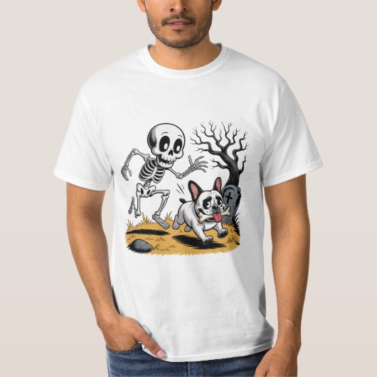 Skeleton vs French Bulldog – Funny Halloween Chase T-shirt (Voorkant)