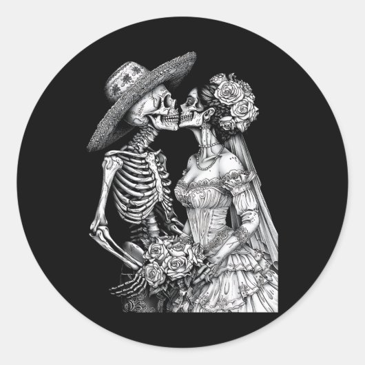 Skeleton Wedding Bride and Groom Day Dead Hallowee Ronde Sticker (Voorkant)