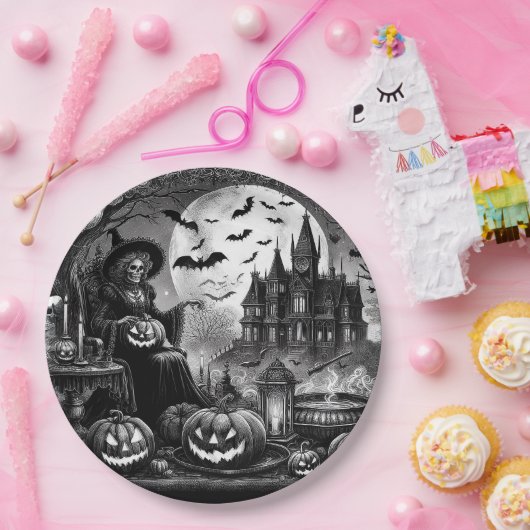 Skeleton Witch Pumpkin Papieren Bordje (Feest)