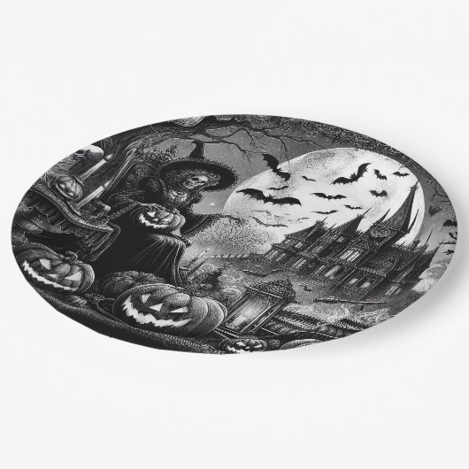 Skeleton Witch Pumpkin Papieren Bordje (Gekanteld)