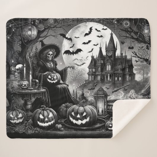 Skeleton Witch Pumpkin Sherpa Deken (Voorkant (horizontaal))
