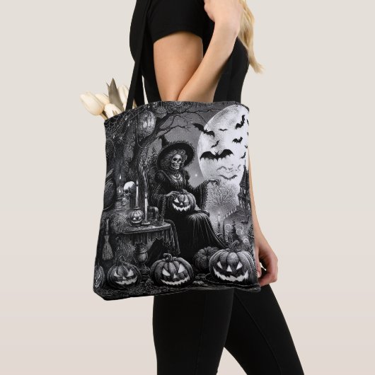 Skeleton Witch Pumpkin Tote Bag (Dichtbij)