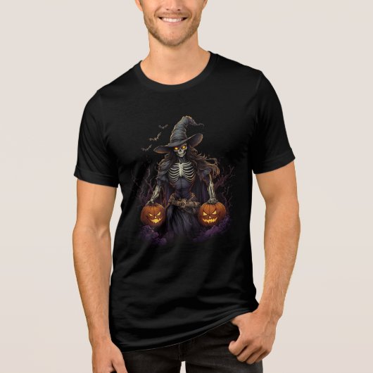 Skeleton Witch with Jack-o'-Lanterns Tri-Blend Shirt (Voorkant)