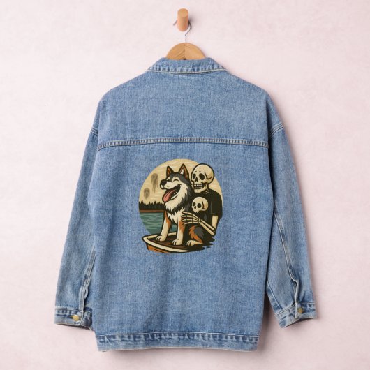 Skeleton with Dog on Haunted Lake Horror Art Denim Jacket (Hangar)